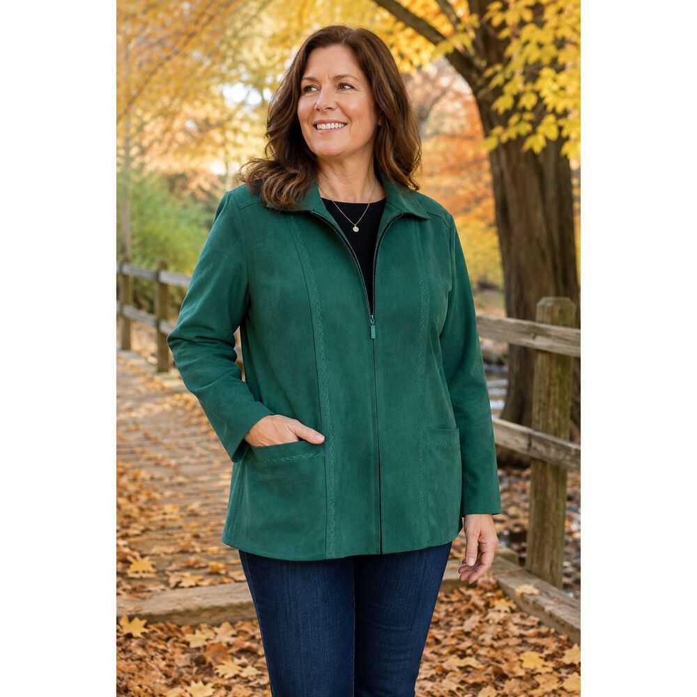 Alfred Dunner Women’s Size 10 Green Faux Suede Zip Front Jacket Pockets